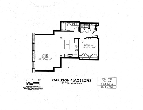 Floor plan for 1 bed, 1 bath, 958 sqft